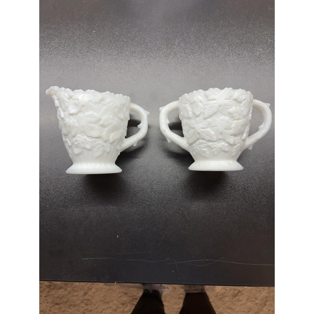Westmoreland Vintage White Milk Glass Bramble‎ & Maple Leaf Sugar and Creamer